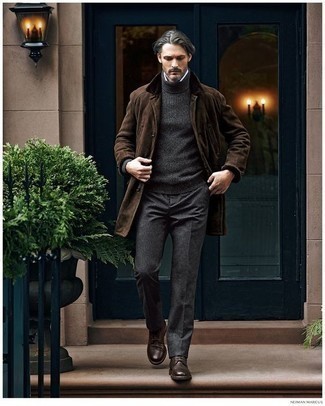 Brown Leather Derby Shoes Cold Weather Outfits: For a look that's absolutely envy-worthy, try pairing a dark brown overcoat with charcoal dress pants. Got bored with this ensemble? Invite a pair of brown leather derby shoes to spice things up.