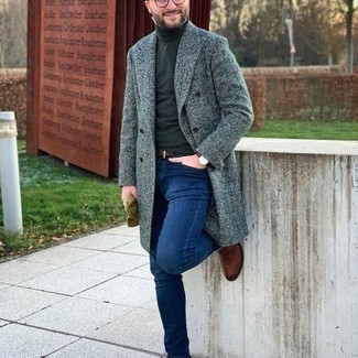 Navy Jeans Winter Outfits For Men: This combination of a grey herringbone overcoat and navy jeans is perfect for elegant occasions. If you need to instantly spruce up your getup with a pair of shoes, why not complement your outfit with brown suede chelsea boots? This getup is a shining example that you don't have to give up style for practicality during the winter season.