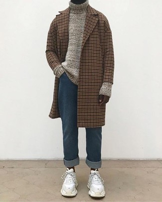 Men's Brown Check Overcoat, Beige Knit Turtleneck, Blue Jeans, White Suede Athletic Shoes