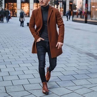 Men's Tobacco Overcoat, Charcoal Turtleneck, Charcoal Ripped Jeans ...