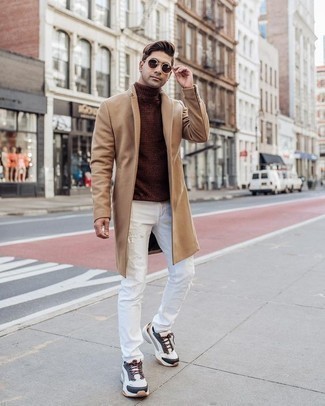 White and Navy Athletic Shoes Outfits For Men: The go-to for kick-ass casual style for men? A camel overcoat with white ripped jeans. And if you need to effortlessly dress down your getup with one item, complement this ensemble with white and navy athletic shoes.