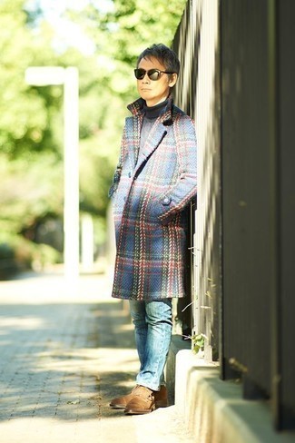 Men's Blue Plaid Overcoat, Navy Wool Turtleneck, Blue Jeans, Tan Suede Casual Boots
