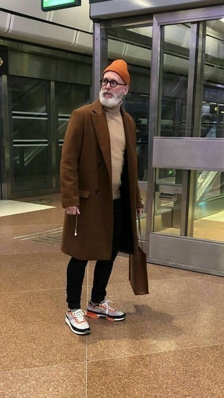 Brown Coat with Jeans Outfits For Men After 50: A brown coat and jeans? This combo will turn every head around. Infuse this outfit with an added dose of sophistication by slipping into a pair of grey athletic shoes. And if we're talking style for men in their fifties, this look looks great on most men.