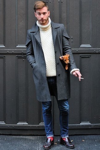 Men's Charcoal Overcoat, White Knit Wool Turtleneck, Blue Jeans, Burgundy Leather Loafers