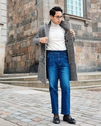 Charcoal Leather Tassel Loafers Outfits: This combination of a white and black houndstooth overcoat and blue jeans looks refined, but in a modern way. Don't know how to complement your look? Wear charcoal leather tassel loafers to lift it up.