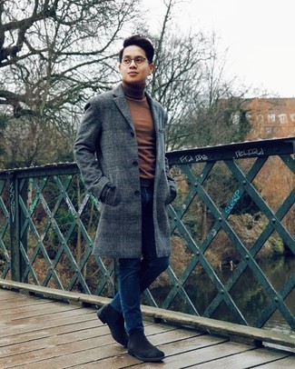 Grey Plaid Overcoat Outfits: A grey plaid overcoat and navy jeans are essential in any guy's functional closet. Put an elegant spin on your look by rounding off with black suede chelsea boots.