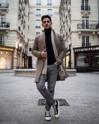 Men's Brown Overcoat, Black Turtleneck, Grey Jeans, Black and White Canvas Low Top Sneakers