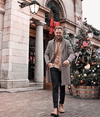 Tan Scarf Outfits For Men: A grey check overcoat and a tan scarf make for the perfect foundation for a casually dapper look. Let your sartorial prowess truly shine by finishing this ensemble with tan leather chelsea boots.