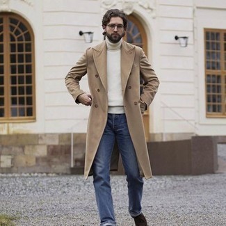Camel Overcoat Outfits: Reach for a camel overcoat and blue jeans for laid-back refinement with a manly take. Rev up your whole ensemble by sporting a pair of dark brown suede tassel loafers.