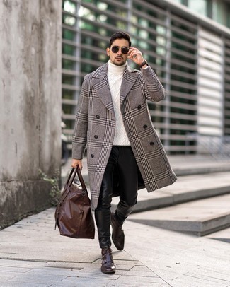 Black Leather Jeans Outfits For Men: A grey plaid overcoat and black leather jeans are among the basic elements of any smart menswear collection. Complement this look with dark brown leather casual boots and the whole getup will come together wonderfully.