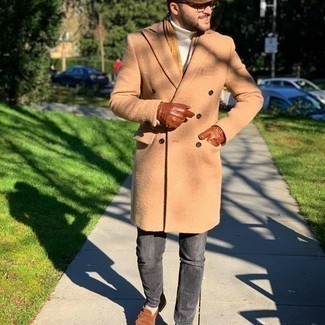 Men's Camel Overcoat, White Turtleneck, Charcoal Jeans, Brown Suede Loafers