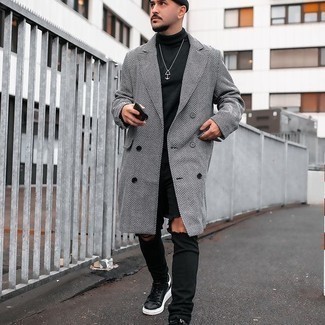 Charcoal Herringbone Overcoat Outfits: Team a charcoal herringbone overcoat with black ripped jeans for a straightforward outfit that's also well put together. Finish with a pair of black leather low top sneakers and ta-da: your getup is complete.