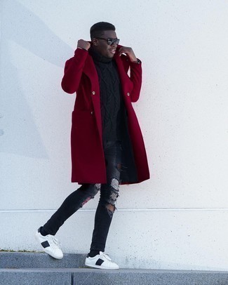 Men's Red Overcoat, Navy Knit Wool Turtleneck, Charcoal Ripped Jeans, White and Navy Leather Low Top Sneakers