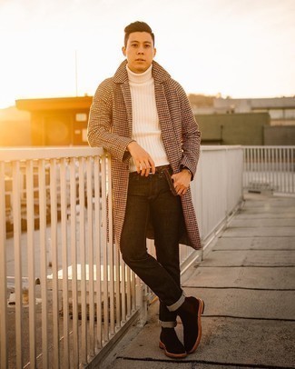 White Knit Turtleneck Outfits For Men: This pairing of a white knit turtleneck and black jeans is extremely versatile and apt for whatever's on your itinerary today. And if you need to easily amp up your look with a pair of shoes, why not complement this ensemble with black suede chelsea boots?