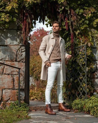 Beige Knit Wool Turtleneck Outfits For Men: For a casual ensemble, make a beige knit wool turtleneck and white jeans your outfit choice — these two pieces go really well together. A pair of brown leather casual boots instantly boosts the classy factor of your outfit.