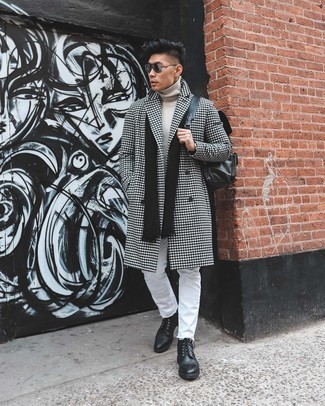 Men's Black and White Gingham Overcoat, Grey Wool Turtleneck, White Jeans, Black Leather Casual Boots