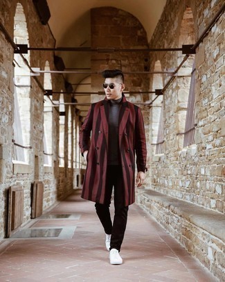 Burgundy Overcoat Outfits: For a casually neat ensemble, reach for a burgundy overcoat and black jeans — these pieces fit pretty good together. If you wish to immediately dial down your ensemble with footwear, complement this look with a pair of white canvas low top sneakers.