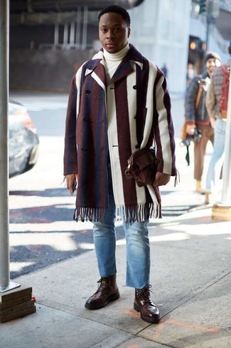 Burgundy Overcoat Outfits: For an effortlessly smart outfit, consider pairing a burgundy overcoat with light blue jeans — these two pieces go perfectly together. This ensemble is completed perfectly with dark brown leather casual boots.