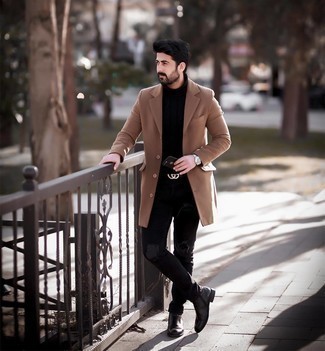 Black Knit Turtleneck Outfits For Men: This street style combination of a black knit turtleneck and black ripped jeans is very easy to pull together without a second thought, helping you look seriously stylish and ready for anything without spending too much time searching through your wardrobe. A pair of dark brown leather chelsea boots instantly revs up the classy factor of your outfit.