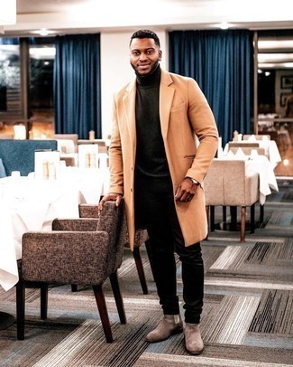 Dark Brown Overcoat Outfits: This pairing of a dark brown overcoat and black jeans is a surefire option when you need to look effortlessly classic in a flash. For something more on the sophisticated side to finish this outfit, complement your look with brown suede chelsea boots.