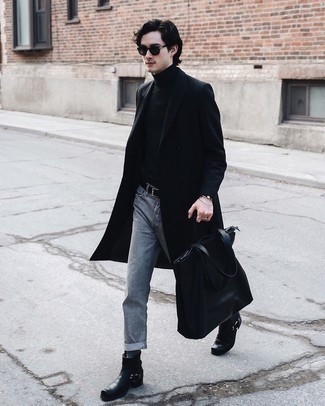 Grey Jeans Outfits For Men: A black overcoat and grey jeans are among the fundamental elements in any modern man's great casual sartorial arsenal. If you need to immediately lift up this look with a pair of shoes, complete your look with a pair of black leather chelsea boots.