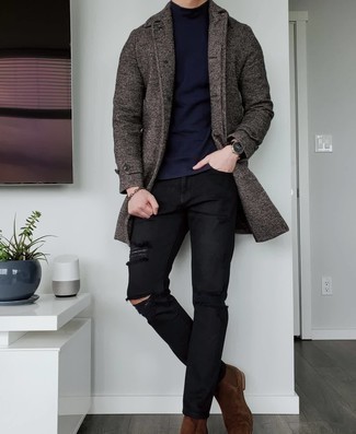 Brown Herringbone Overcoat Outfits: To don an off-duty outfit with a twist, you can opt for a brown herringbone overcoat and black ripped jeans. And if you need to effortlessly elevate this ensemble with one item, why not complete your look with dark brown suede chelsea boots?