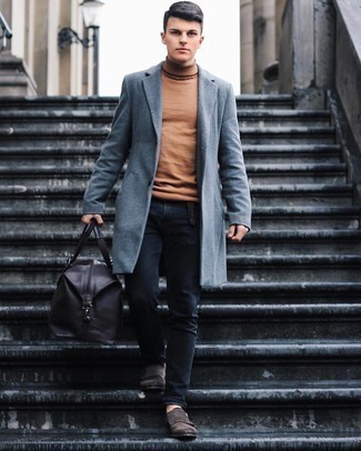 Brown Leather Duffle Bag Outfits For Men: A grey overcoat and a brown leather duffle bag are the kind of a never-failing casual ensemble that you so awfully need when you have zero time. Round off this look with dark brown suede double monks to serve a little outfit-mixing magic.