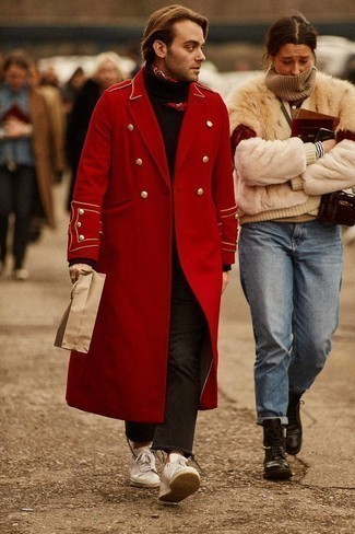 Red Overcoat Outfits: Go for a pared down yet stylish option pairing a red overcoat and black jeans. A cool pair of white leather low top sneakers is the most effective way to infuse a dash of stylish effortlessness into your outfit.