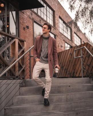 Dark Brown Wool Turtleneck Outfits For Men: This combination of a dark brown wool turtleneck and beige jeans delivers comfort and dapper menswear style. Complete this ensemble with a pair of black leather chelsea boots to easily rev up the wow factor of any getup.