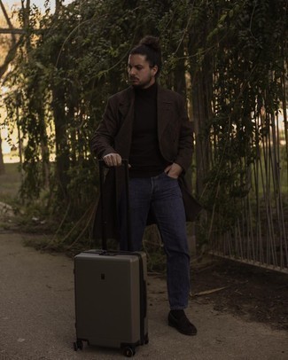 Tobacco Suitcase Outfits For Men: Try teaming a dark brown overcoat with a tobacco suitcase, if you enjoy relaxed dressing without looking like you don't care to look stylish. Tap into some Ryan Gosling stylishness and polish off your look with a pair of dark brown suede tassel loafers.