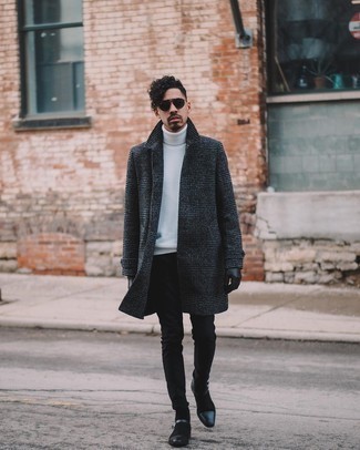 White Turtleneck Spring Outfits For Men: If you love casual pairings, then you'll love this pairing of a white turtleneck and black jeans. Dial down the casualness of this ensemble by wearing black suede chelsea boots. Mastering springtime fashion is easy with outfit inspiration like this.