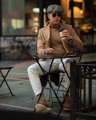 Charcoal Herringbone Flat Cap Outfits For Men: Why not consider wearing a camel overcoat and a charcoal herringbone flat cap? As well as totally practical, both items look great paired together. On the fence about how to finish off your look? Rock brown suede desert boots to class it up.