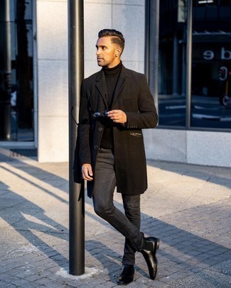 Black Sunglasses Chill Weather Outfits For Men: Wear a dark brown overcoat and black sunglasses if you're looking for an outfit idea that conveys bold casual style. Infuse an added dose of style into your ensemble by slipping into a pair of black leather chelsea boots.