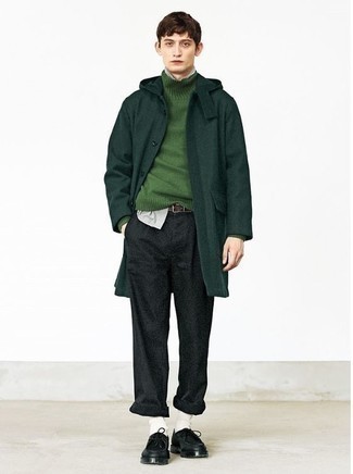 Men's Dark Green Overcoat, Green Wool Turtleneck, Grey Long Sleeve Shirt, Charcoal Wool Chinos