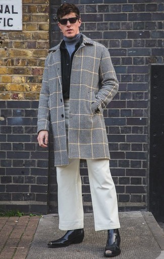 White and Black Houndstooth Overcoat Outfits: For a casually sleek outfit, try pairing a white and black houndstooth overcoat with white chinos — these items play brilliantly together. Up this ensemble by finishing off with a pair of black leather chelsea boots.