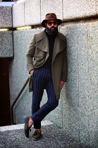 Olive Overcoat Outfits: An olive overcoat and navy vertical striped chinos are an easy way to introduce a sense of masculine sophistication into your daily wardrobe. To give your overall look a more sophisticated touch, why not introduce a pair of olive suede tassel loafers to the equation?