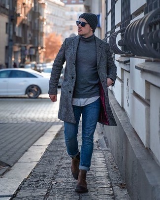 Navy Sunglasses Outfits For Men: You're looking at the indisputable proof that a charcoal plaid overcoat and navy sunglasses are amazing when combined together in a city casual look. Here's how to elevate this outfit: brown suede chelsea boots.