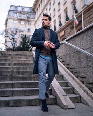 Navy Suede Chelsea Boots Outfits For Men: When the setting calls for a refined yet cool look, pair a navy overcoat with light blue wool chinos. If you need to instantly up the ante of your ensemble with a pair of shoes, why not complement this ensemble with navy suede chelsea boots?