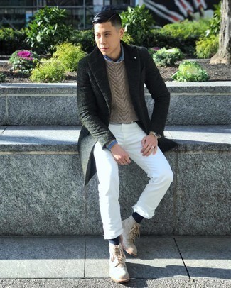 500+ Winter Outfits For Men: This combo of a dark green overcoat and white jeans is hard proof that a simple look doesn't have to be boring. Beige suede casual boots are a savvy pick to finish this ensemble. So as you can see, this ensemble is a striking example that good style and dressing warmly for the colder months are not mutually exclusive.