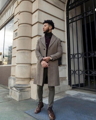 Grey Plaid Overcoat Outfits: This combination of a grey plaid overcoat and olive chinos is hard proof that a simple ensemble can still be really smart. Complete your ensemble with a pair of brown leather casual boots and the whole look will come together.