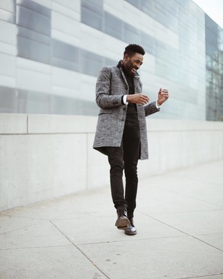 Black Leather Brogue Boots Outfits: This combination of a grey plaid overcoat and black jeans is proof that a safe getup doesn't have to be boring. In the shoe department, go for something on the dressier end of the spectrum by slipping into black leather brogue boots.