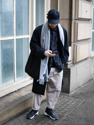 Light Blue Scarf Outfits For Men: Try teaming a navy overcoat with a light blue scarf for a modern twist on day-to-day fashion. Introduce a pair of navy and white athletic shoes to the equation to make the look more functional.