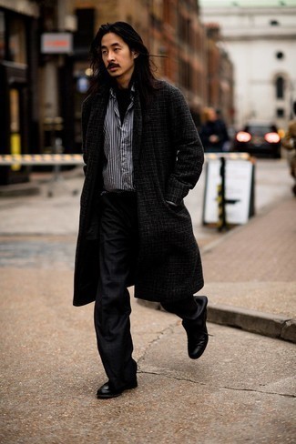 Men's Charcoal Gingham Overcoat, Black Turtleneck, White and Black Vertical Striped Long Sleeve Shirt, Black Plaid Chinos