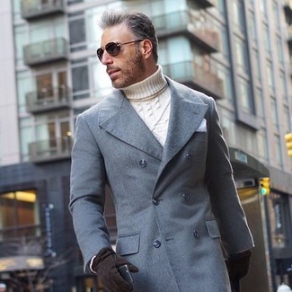 White Pocket Square Chill Weather Outfits: A grey overcoat and a white pocket square make for the perfect foundation for a variety of dapper getups.