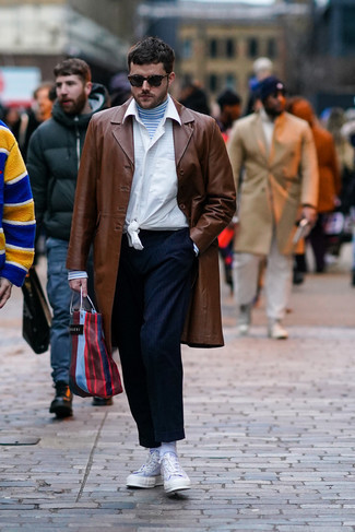 Dark Brown Overcoat Outfits: Consider teaming a dark brown overcoat with navy vertical striped chinos for a classic getup. Want to go easy in the shoe department? Complement your ensemble with light blue canvas low top sneakers for the day.