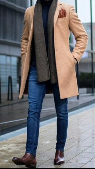 Men's Camel Overcoat, Navy Turtleneck, Blue Skinny Jeans, Dark Brown Leather Chelsea Boots