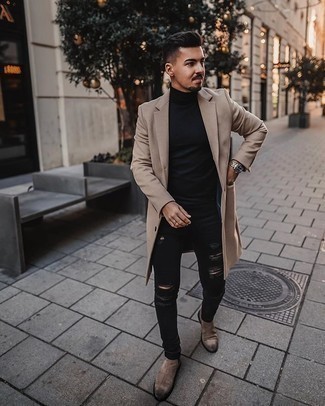 Camel Overcoat Cold Weather Outfits: Irrefutable proof that a camel overcoat and black ripped skinny jeans look amazing when combined together in an off-duty menswear style. Tan suede chelsea boots are an easy way to give a dash of elegance to this getup.