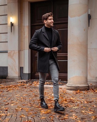 Grey Skinny Jeans Outfits For Men: For a casual getup, make a charcoal overcoat and grey skinny jeans your outfit choice — these two items play really well together. Bring an elegant twist to an otherwise simple look by rocking a pair of black leather chelsea boots.