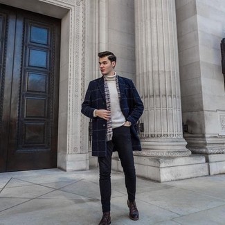 Navy Skinny Jeans Cold Weather Outfits For Men: Pairing a navy check overcoat with navy skinny jeans is a smart pick for a casually dapper outfit. You could perhaps get a bit experimental with footwear and smarten up this look by sporting dark brown leather casual boots.