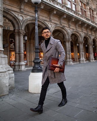 Burgundy Leather Zip Pouch Outfits For Men: For relaxed dressing with a street style finish, you can dress in a grey check overcoat and a burgundy leather zip pouch. Let your outfit coordination savvy truly shine by rounding off this getup with black leather chelsea boots.
